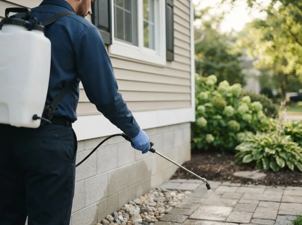 Pest control technician inspecting a home in Drury, MA